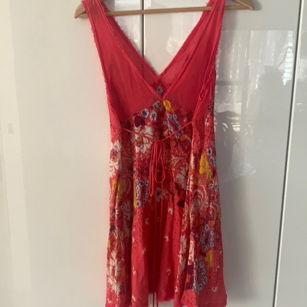 Free People size M. sundress dress pink coral sheer raw edge v neck w/tie .